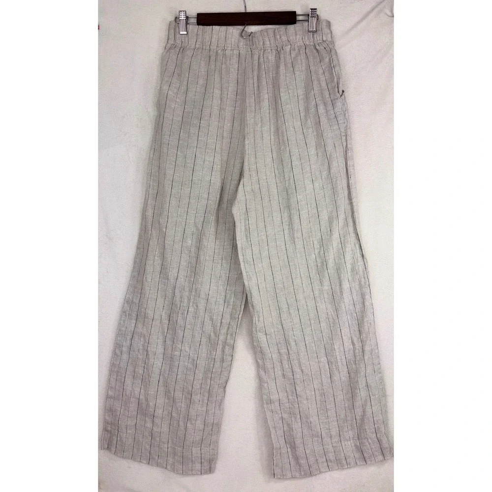 100% LINEN WIDE LEG PANTS Karlie High Rise Trouser Large Beige Pinstripe Neutral - Picture 5 of 12